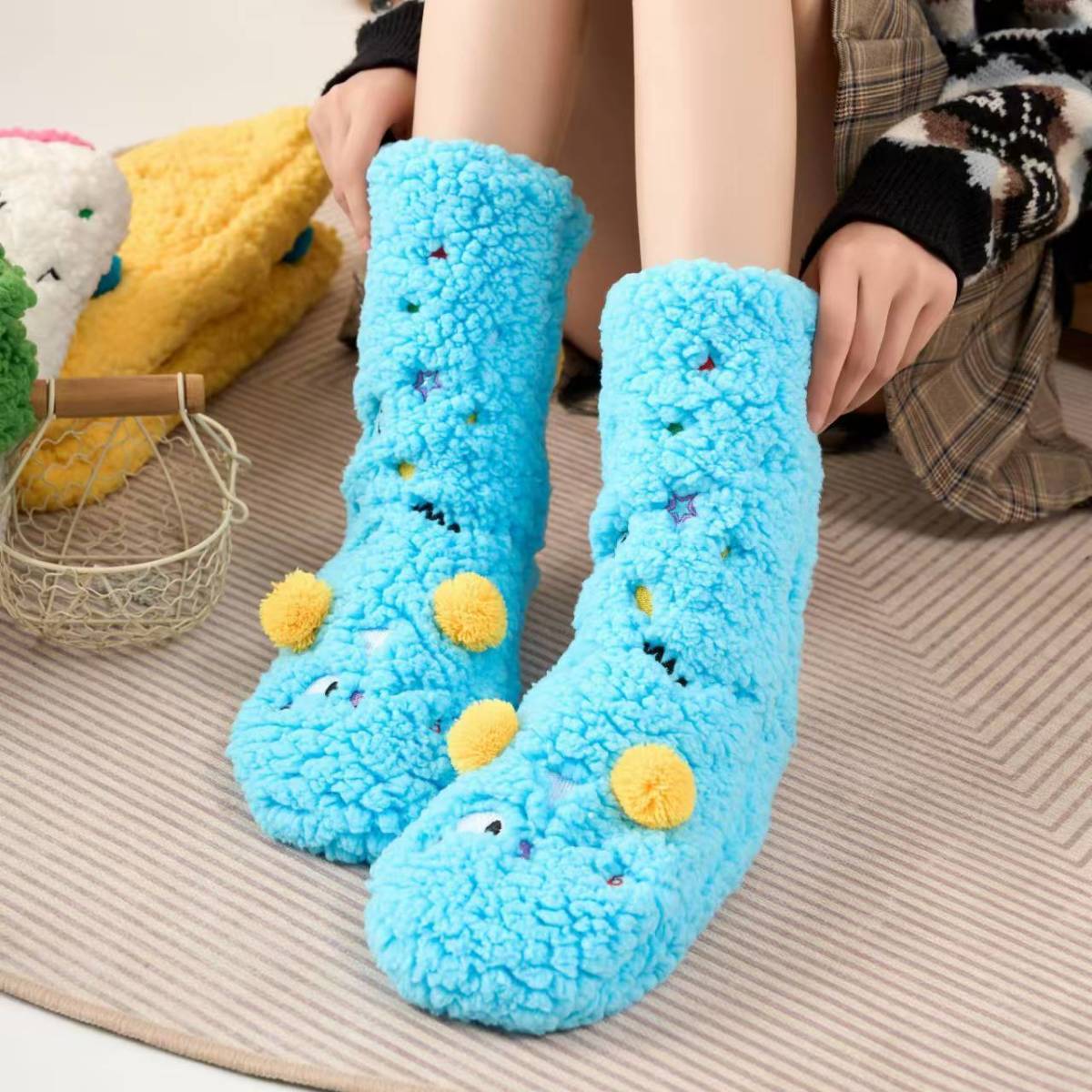Thickened Non-Slip Floor Socks Cute Cartoon Embroidery Female Sleeping Socks Warm Berber Fleece Thick Fleece Socks Female