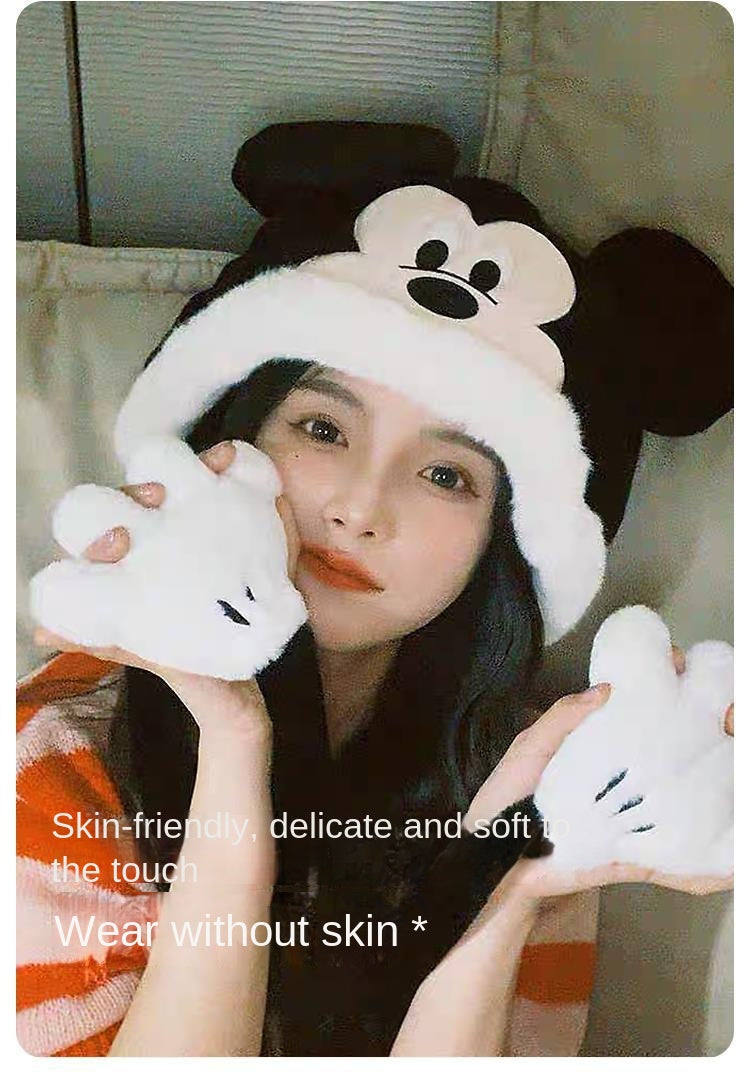 Disney Minnie Mickey Cartoon Hat Female Autumn and Winter Thickening Warm Plush Earmuffs Hat