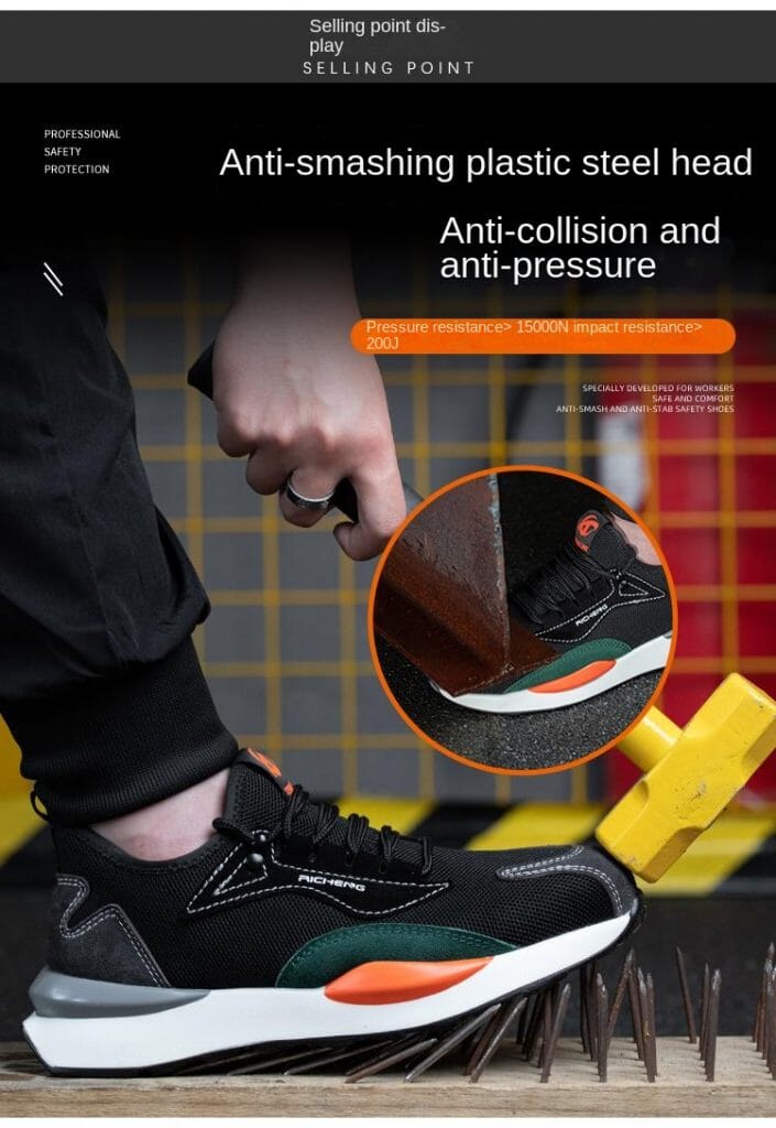 Sepatu Pelindung Kerja Pria, dilengkapi dengan fitur-fitur seperti anti pecah, anti tusuk, anti tusuk, berisolasi, ringan, menyerap keringat, dan anti bau serta sol yang lembut.