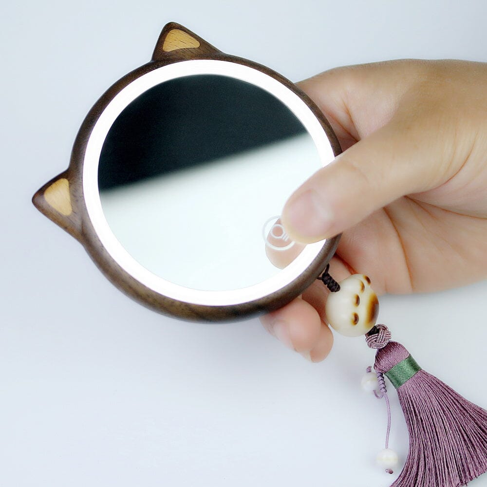 Cermin Rias Berbentuk Kucing dari Kayu Kenari Hitam dengan Lampu LED, Cermin Kompak Portabel, Cermin Kosmetik Kayu