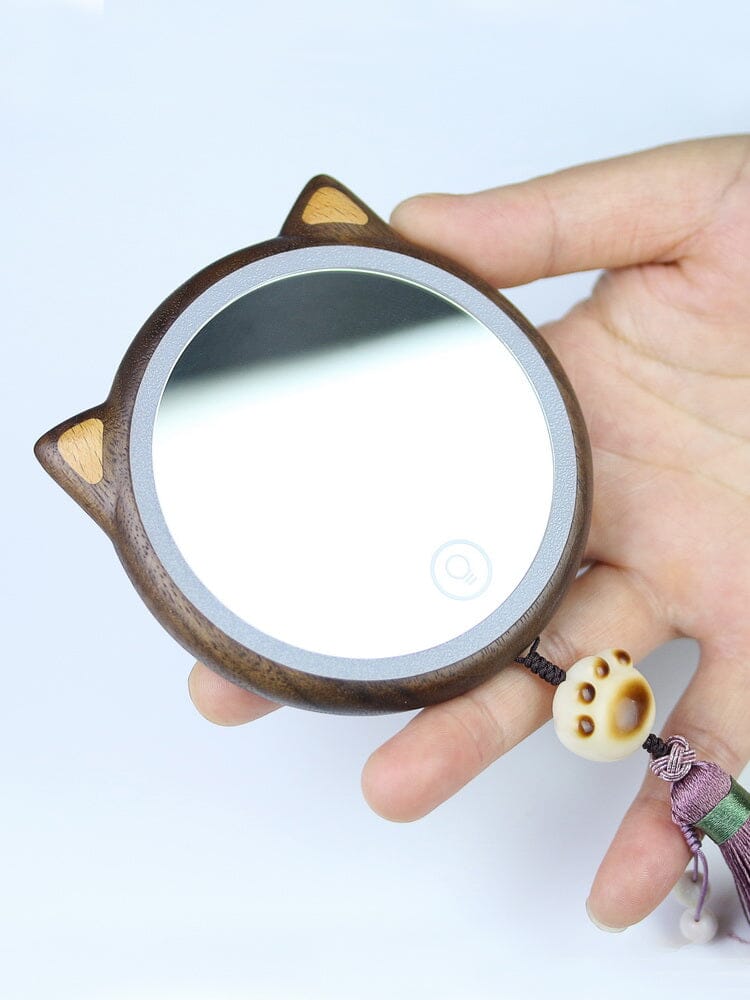Cermin Rias Berbentuk Kucing dari Kayu Kenari Hitam dengan Lampu LED, Cermin Kompak Portabel, Cermin Kosmetik Kayu