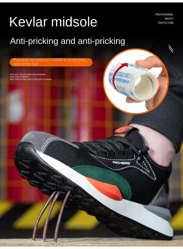 Sepatu Pelindung Kerja Pria, dilengkapi dengan fitur-fitur seperti anti pecah, anti tusuk, anti tusuk, berisolasi, ringan, menyerap keringat, dan anti bau serta sol yang lembut.