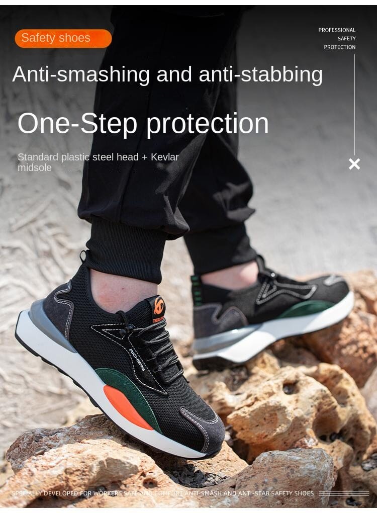 Sepatu Pelindung Kerja Pria, dilengkapi dengan fitur-fitur seperti anti pecah, anti tusuk, anti tusuk, berisolasi, ringan, menyerap keringat, dan anti bau serta sol yang lembut.