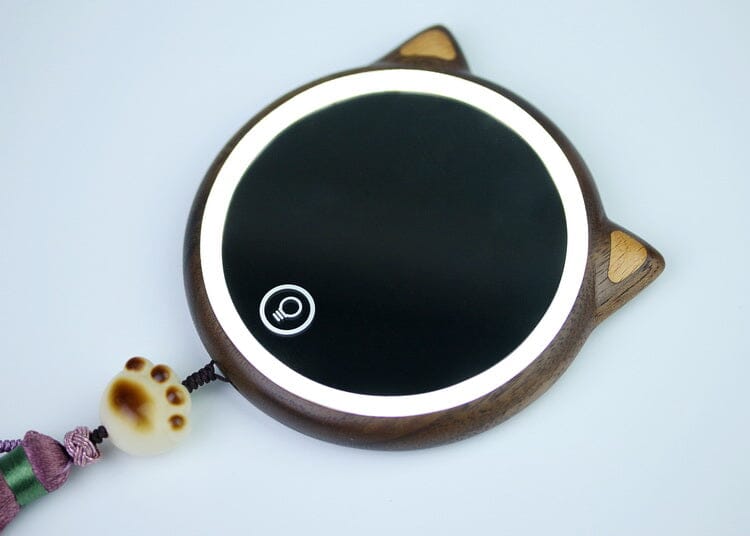 Cermin Rias Berbentuk Kucing dari Kayu Kenari Hitam dengan Lampu LED, Cermin Kompak Portabel, Cermin Kosmetik Kayu