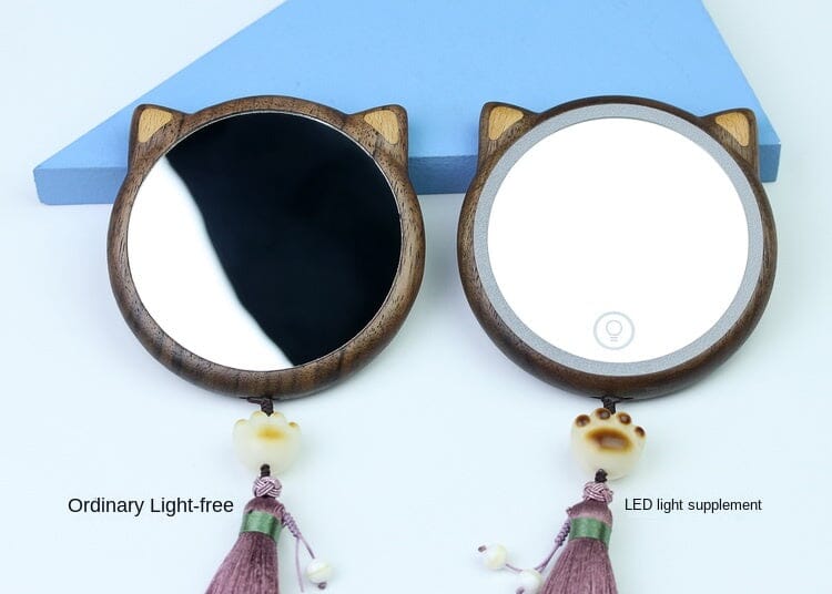 Cermin Rias Berbentuk Kucing dari Kayu Kenari Hitam dengan Lampu LED, Cermin Kompak Portabel, Cermin Kosmetik Kayu