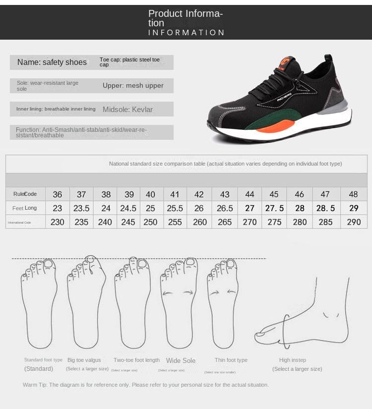 Sepatu Pelindung Kerja Pria, dilengkapi dengan fitur-fitur seperti anti pecah, anti tusuk, anti tusuk, berisolasi, ringan, menyerap keringat, dan anti bau serta sol yang lembut.