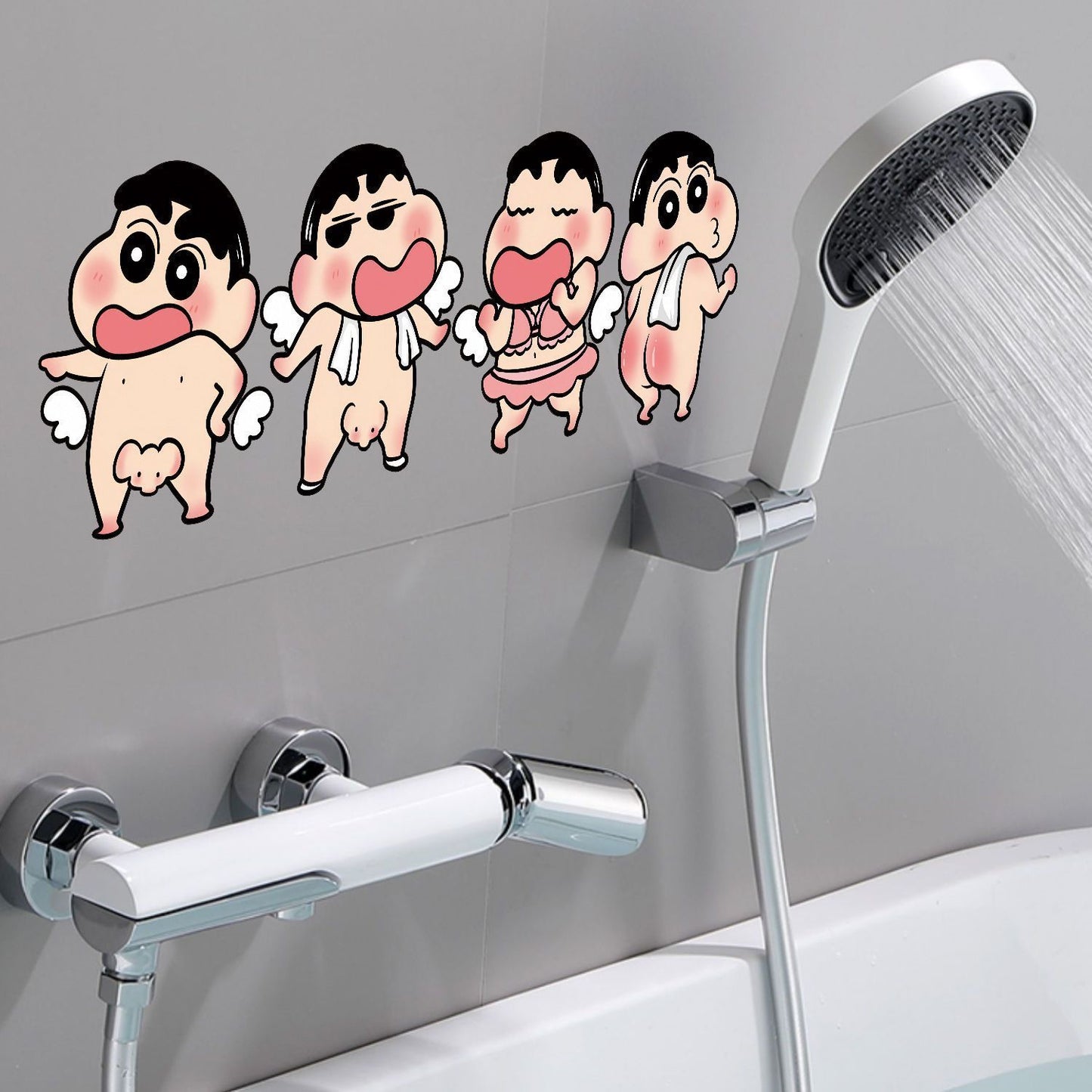 Stiker Kartun Crayon Xiaoxin Stiker Dinding Kamar Mandi Happy Day Stiker Ubin Toilet Rumah Stiker Dinding Kamar Mandi Tahan Air