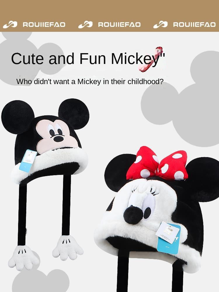 Disney Minnie Mickey Cartoon Hat Female Autumn and Winter Thickening Warm Plush Earmuffs Hat