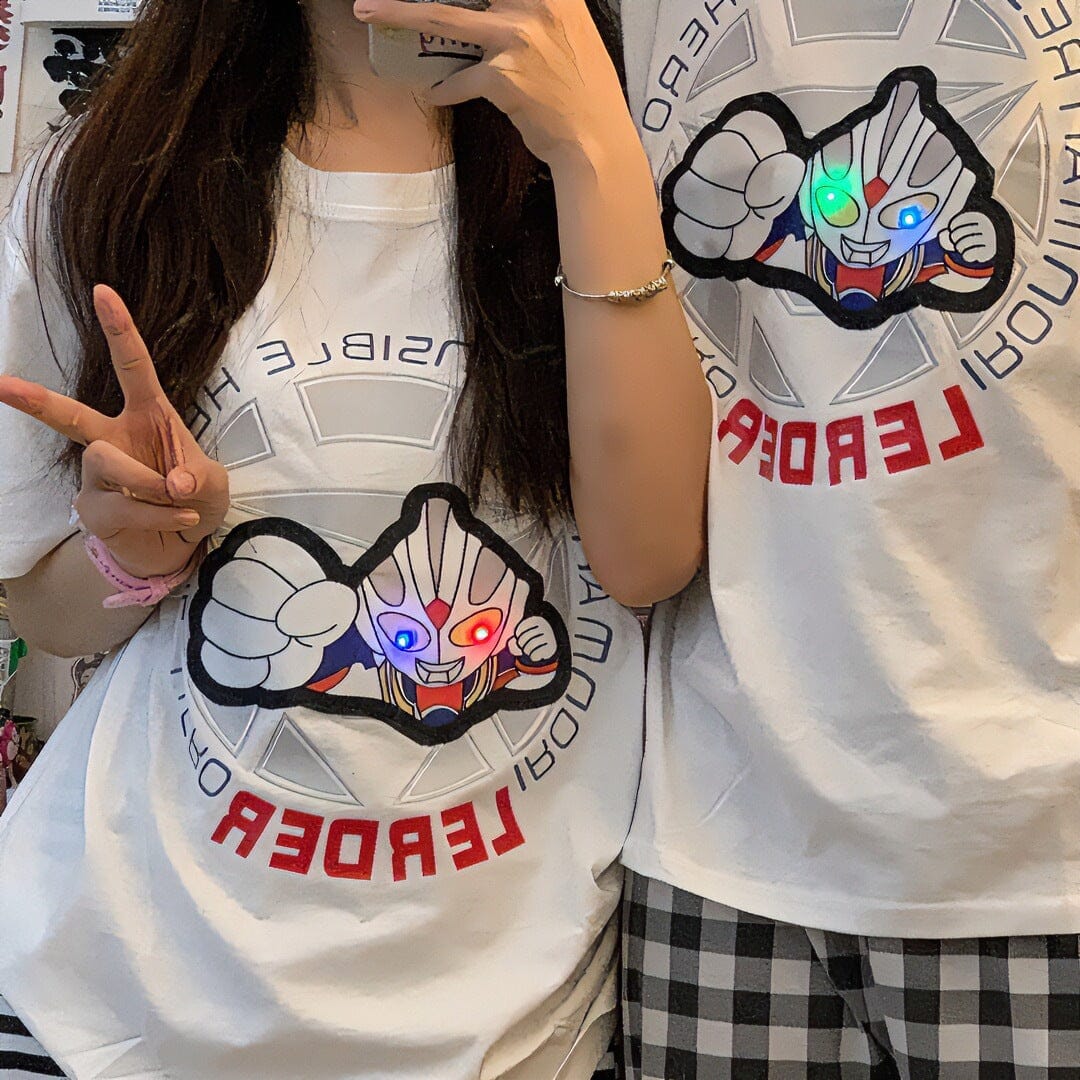 Kaos Ultraman Kreatif Bercahaya Pakaian Pasangan Anak-anak Menyala Atasan Kartun Bercahaya