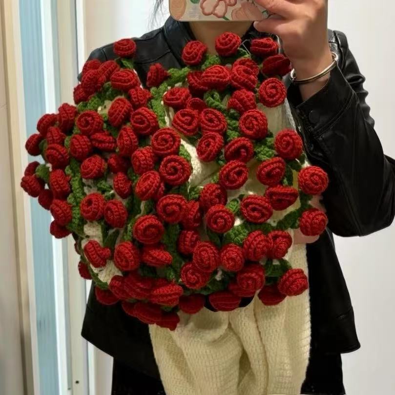 Handmade Yarn DIY Bouquet Blanket Kit Crochet Lily of the Valley Rose Blanket Transform into Bouquet Creative Gift