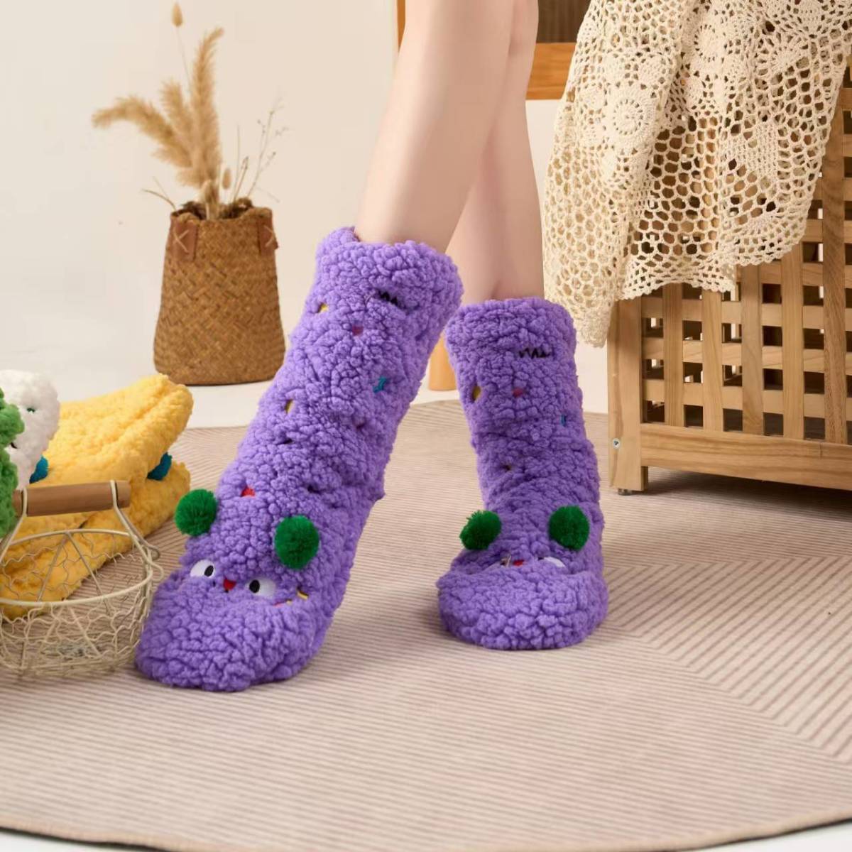 Thickened Non-Slip Floor Socks Cute Cartoon Embroidery Female Sleeping Socks Warm Berber Fleece Thick Fleece Socks Female