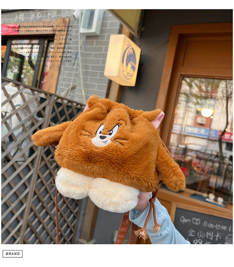 Cat and Mouse Plush Hand-Carrying Bag Cute Personality Drawstring Bag Furry Children's Bags Sweet Girl Storage Small Bag
