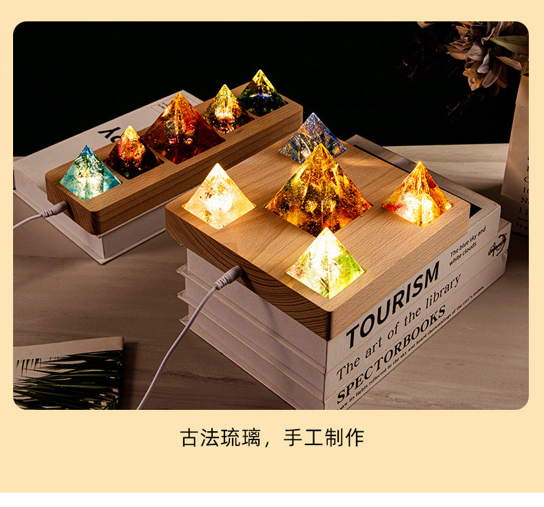 Colored Glaze Pyramid Crystal Decoration Crystal Ball Starry Sky Small Night Lamp