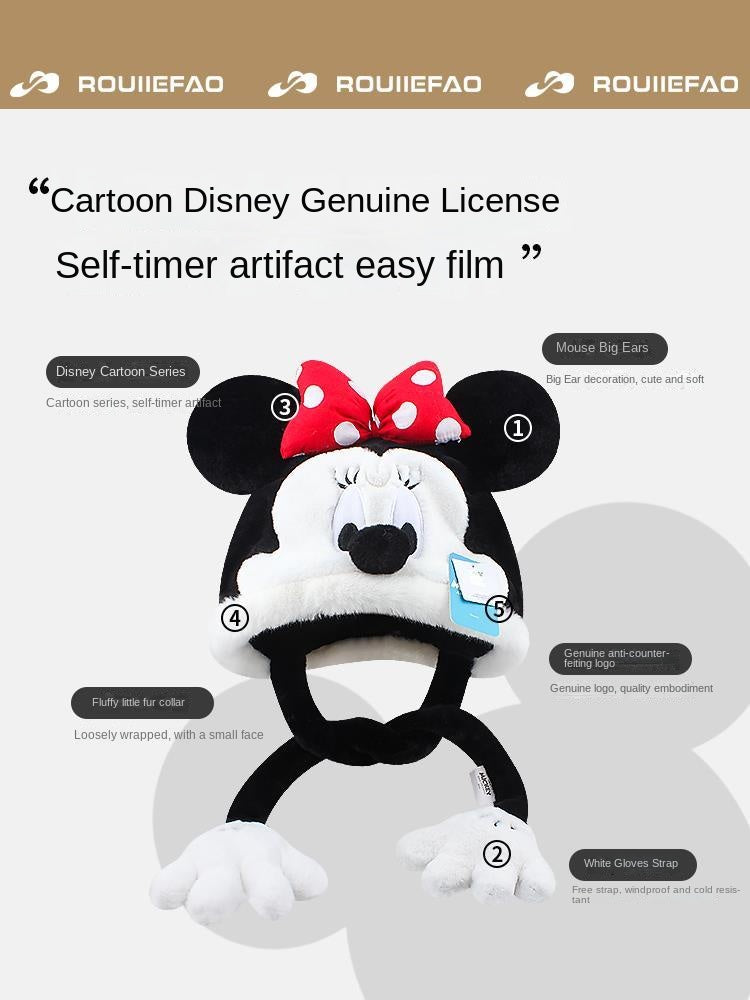Disney Minnie Mickey Cartoon Hat Female Autumn and Winter Thickening Warm Plush Earmuffs Hat