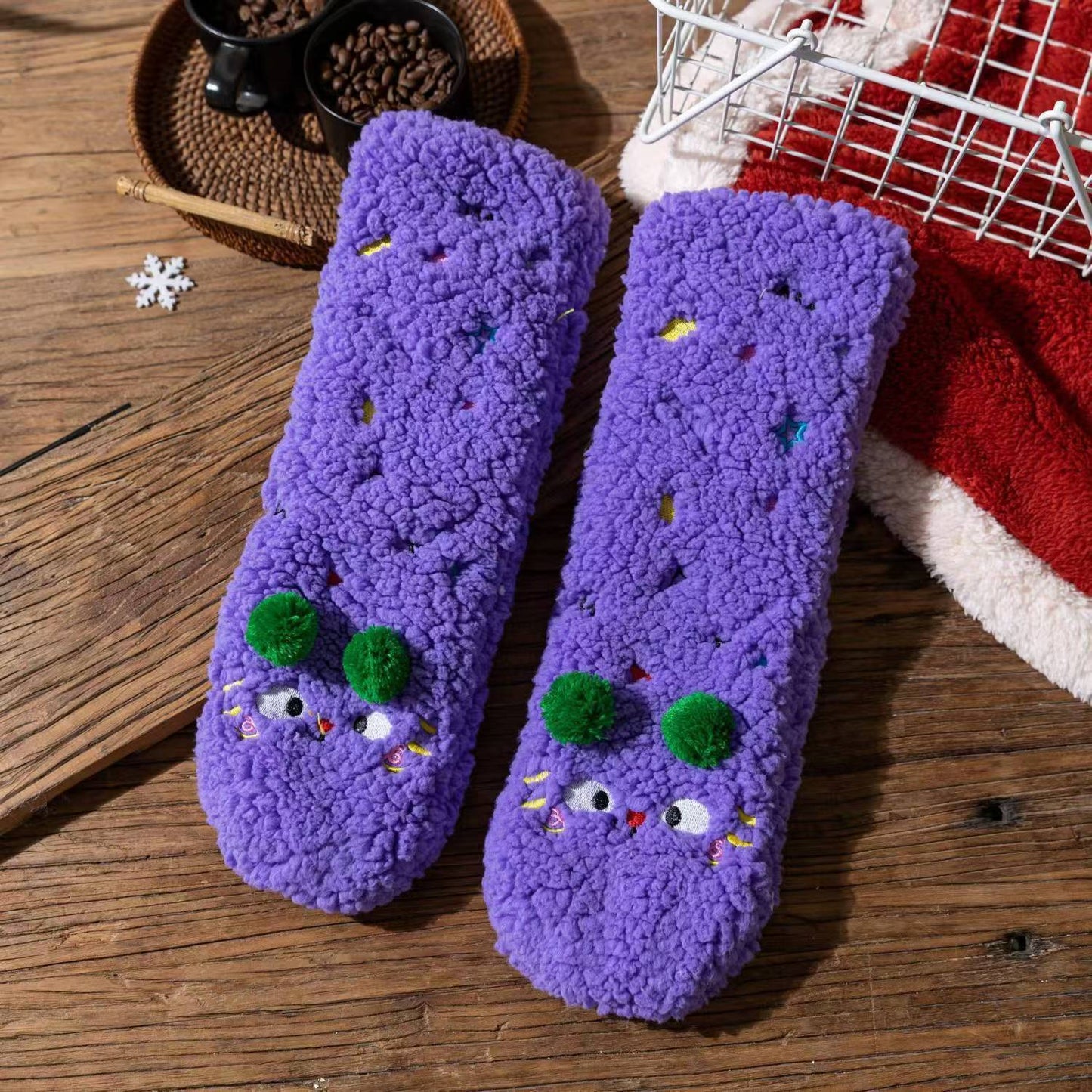 Thickened Non-Slip Floor Socks Cute Cartoon Embroidery Female Sleeping Socks Warm Berber Fleece Thick Fleece Socks Female