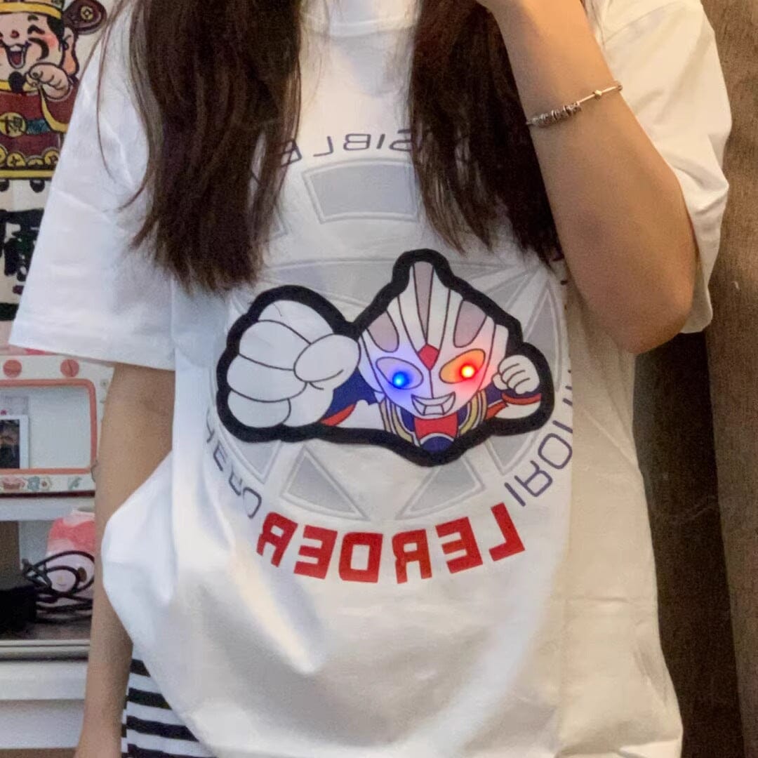 Kaos Ultraman Kreatif Bercahaya Pakaian Pasangan Anak-anak Menyala Atasan Kartun Bercahaya