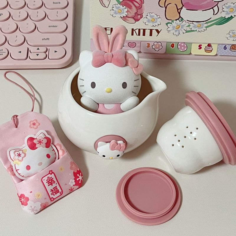 Set Teh Hellokitty Teko PA Kecil Set Teh Portabel Travel Kartun Teko Lucu Cocok untuk Hadiah Anak Perempuan