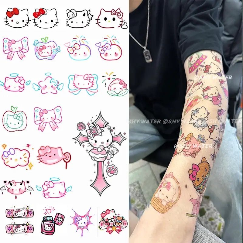 Kartun baru kucing kucing tato warna-warni aplikasi lengan lembut gadis gadis lucu hati pita bisa dicuci tahan air pelajar