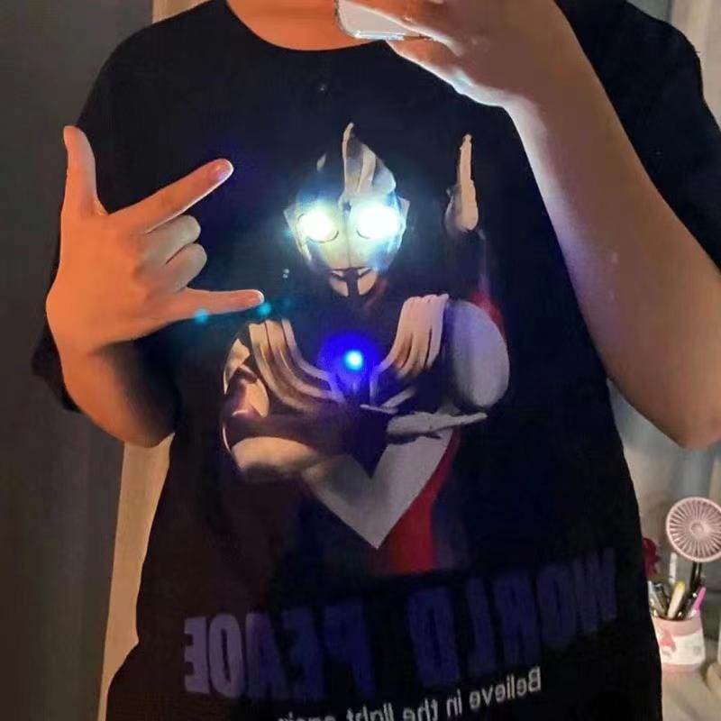 Kaos Ultraman Kreatif Bercahaya Pakaian Pasangan Anak-anak Menyala Atasan Kartun Bercahaya