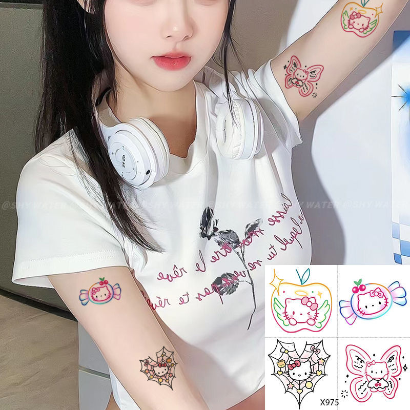 Kartun baru kucing kucing tato warna-warni aplikasi lengan lembut gadis gadis lucu hati pita bisa dicuci tahan air pelajar
