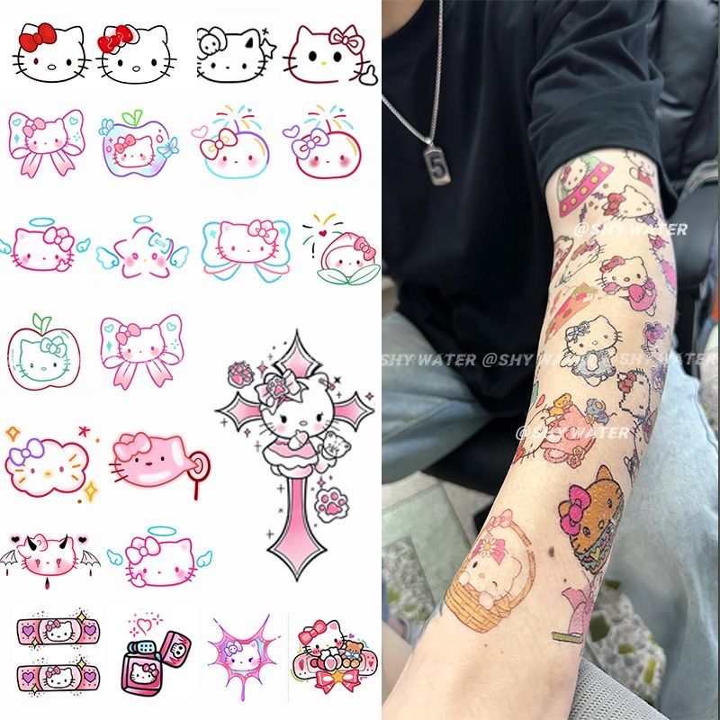 Kartun baru kucing kucing tato warna-warni aplikasi lengan lembut gadis gadis lucu hati pita bisa dicuci tahan air pelajar