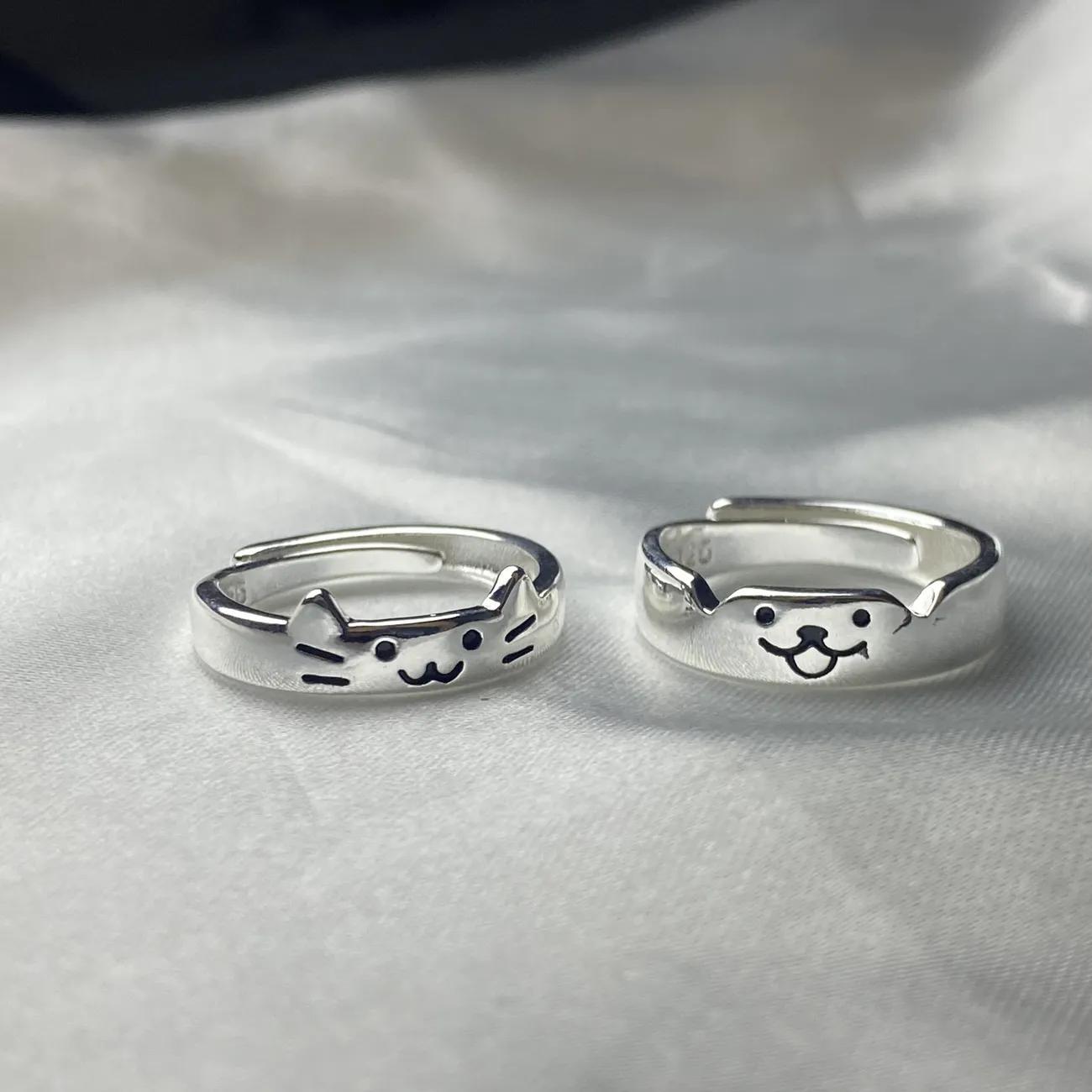 Cincin Buku Harian Anjing dan Kucing Perak 925 Anak Kucing Lucu Anak Anjing Desain Canggih Dapat Mengukir Cincin Pasangan Tulisan