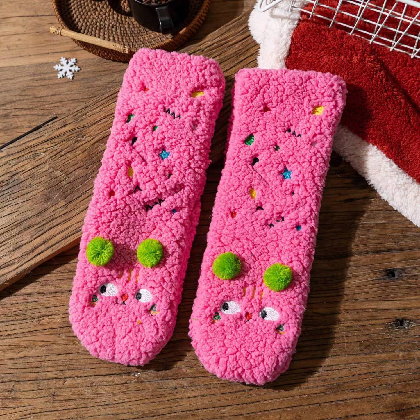 Thickened Non-Slip Floor Socks Cute Cartoon Embroidery Female Sleeping Socks Warm Berber Fleece Thick Fleece Socks Female