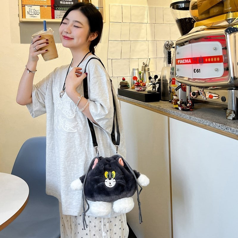 Cat and Mouse Plush Hand-Carrying Bag Cute Personality Drawstring Bag Furry Children's Bags Sweet Girl Storage Small Bag