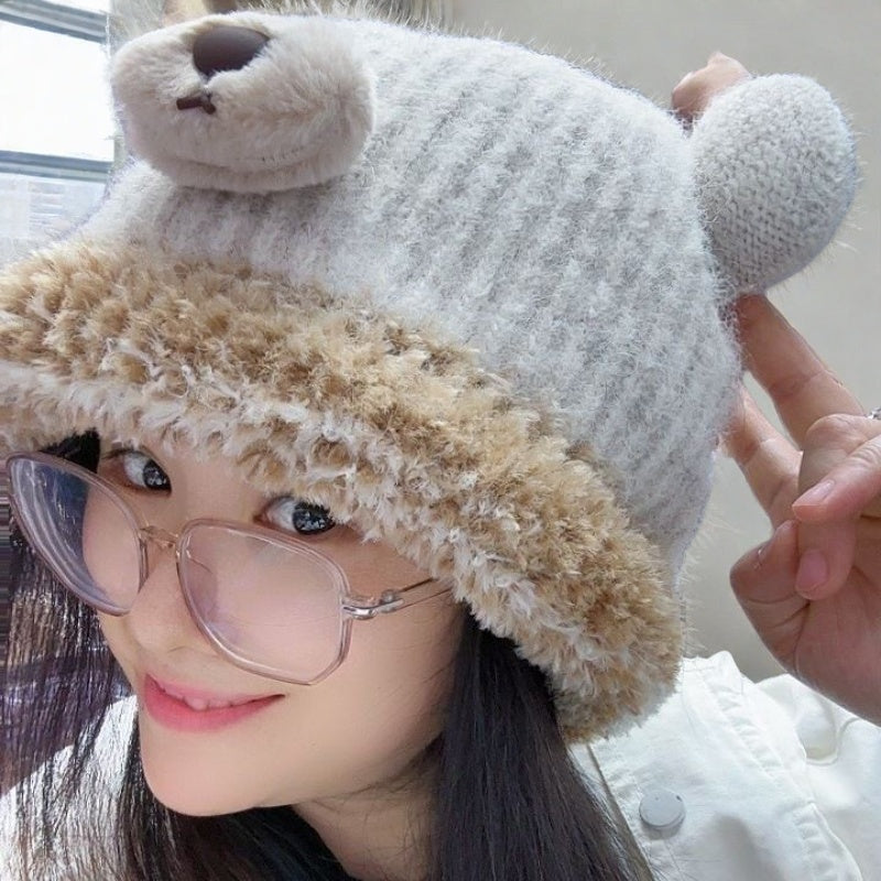 Popular Bear Plush Hat Winter Women's Autumn and Winter Velvet Cold Protection Knitted Woolen Cap Fur Earflaps Warm