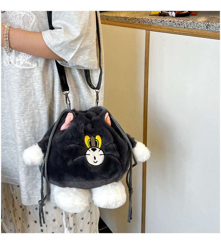 Cat and Mouse Plush Hand-Carrying Bag Cute Personality Drawstring Bag Furry Children's Bags Sweet Girl Storage Small Bag