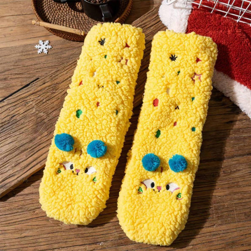 Thickened Non-Slip Floor Socks Cute Cartoon Embroidery Female Sleeping Socks Warm Berber Fleece Thick Fleece Socks Female