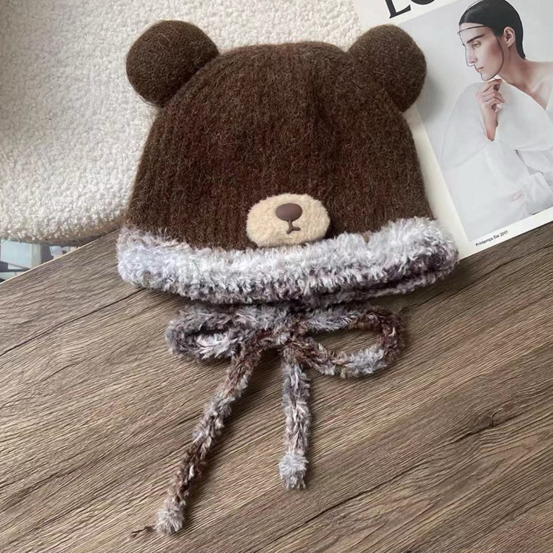 Popular Bear Plush Hat Winter Women's Autumn and Winter Velvet Cold Protection Knitted Woolen Cap Fur Earflaps Warm