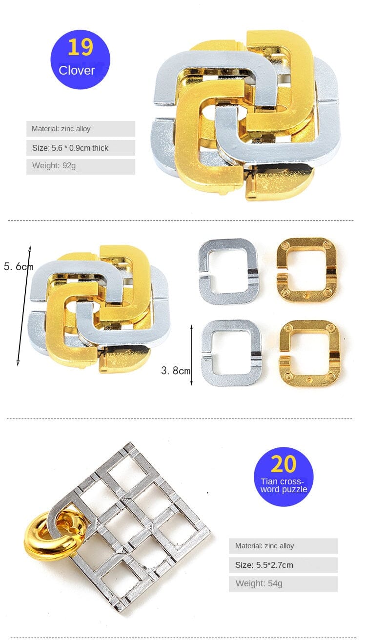 Zinc Alloy Intellectual Ring Puzzle, Unlocking Set, Nine Linked Rings Brain Teaser, Kongming Lock, Magic Puzzle Gold.