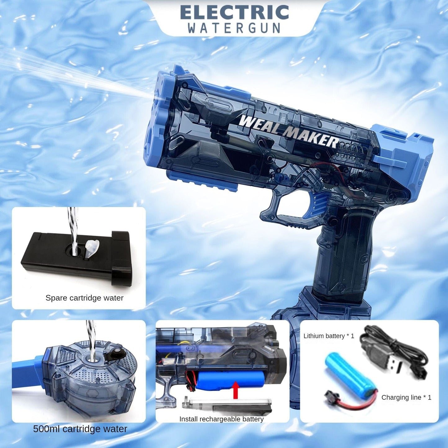 IceBlast Electric Water Gun - High Capacity, Fully Automatic, Recoil-Action, Rapid-Fire, High-Pressure Pulse, Gecko Water Gun