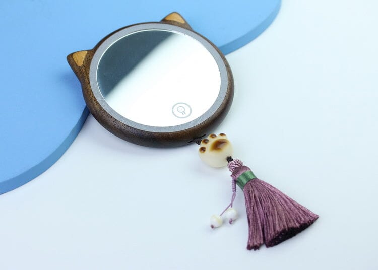 Black Walnut Cat Shaped LED Lighted Makeup Mirror, Portable Compact Mirror, Wooden Cosmetic Mirror