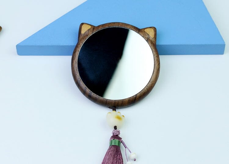 Black Walnut Cat Shaped LED Lighted Makeup Mirror, Portable Compact Mirror, Wooden Cosmetic Mirror