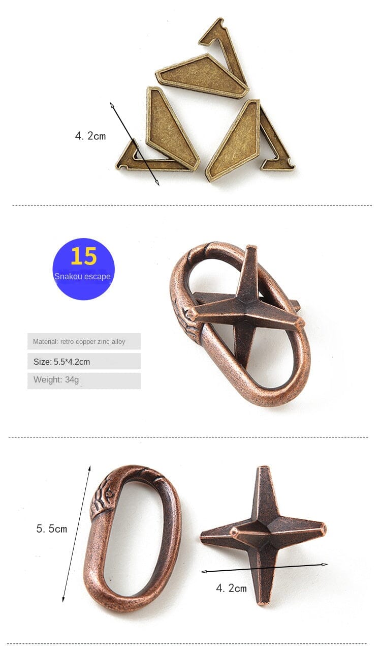 Zinc Alloy Intellectual Ring Puzzle, Unlocking Set, Nine Linked Rings Brain Teaser, Kongming Lock, Magic Puzzle Gold.