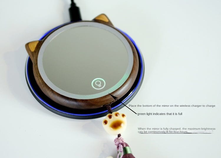 Black Walnut Cat Shaped LED Lighted Makeup Mirror, Portable Compact Mirror, Wooden Cosmetic Mirror