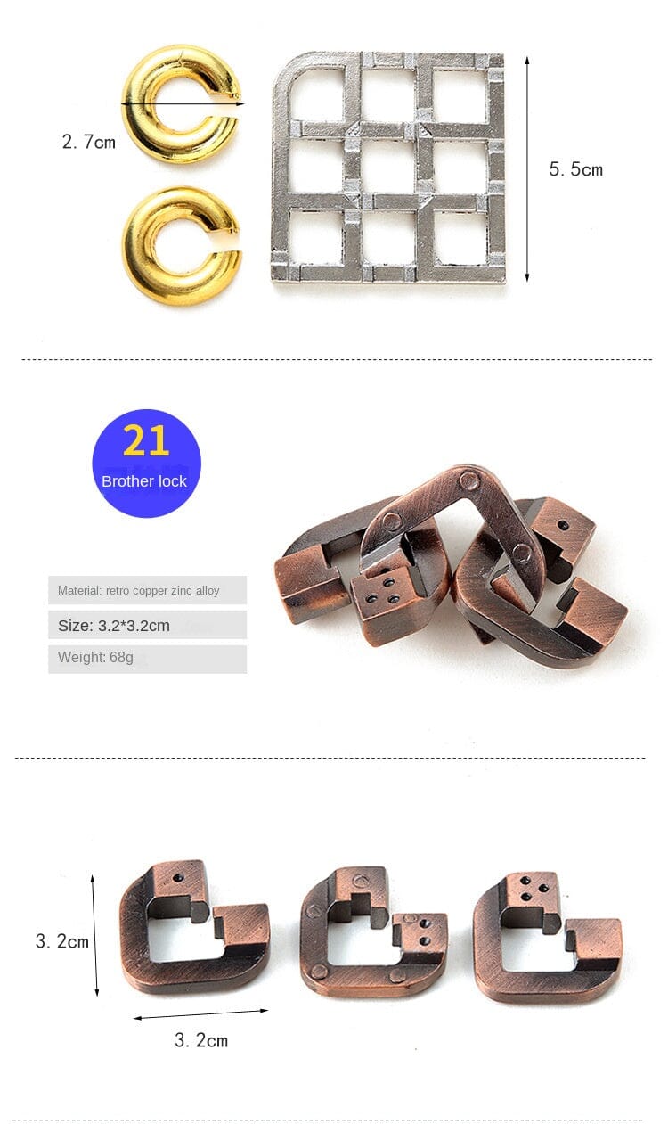 Zinc Alloy Intellectual Ring Puzzle, Unlocking Set, Nine Linked Rings Brain Teaser, Kongming Lock, Magic Puzzle Gold.