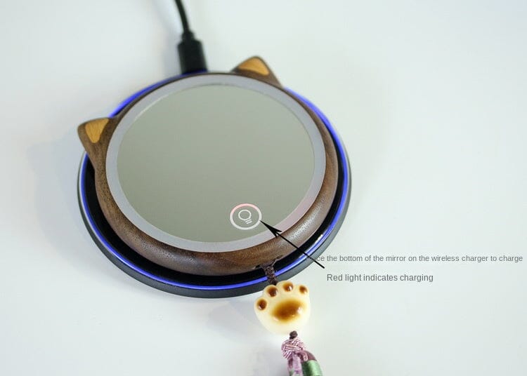 Black Walnut Cat Shaped LED Lighted Makeup Mirror, Portable Compact Mirror, Wooden Cosmetic Mirror