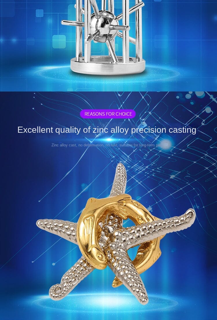 Zinc Alloy Intellectual Ring Puzzle, Unlocking Set, Nine Linked Rings Brain Teaser, Kongming Lock, Magic Puzzle Gold.