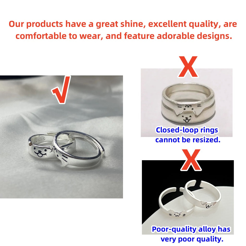 925 Silver Dogs and Cats Diary Ring Cute Kitten Puppy Ins Niche Advanced Design Can Carve Writing Couple Rings