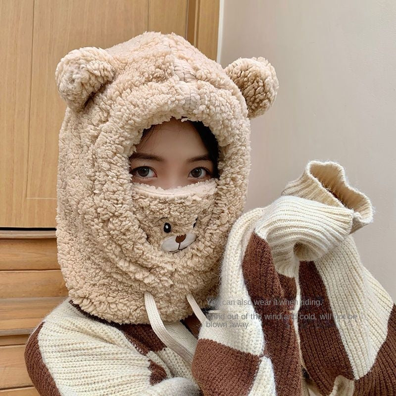 Cute Bear Earflaps Cap Winter Thickened Cycling Thermal and Windproof Winter Autumn and Winter Mask Scarf Scarf Integrated