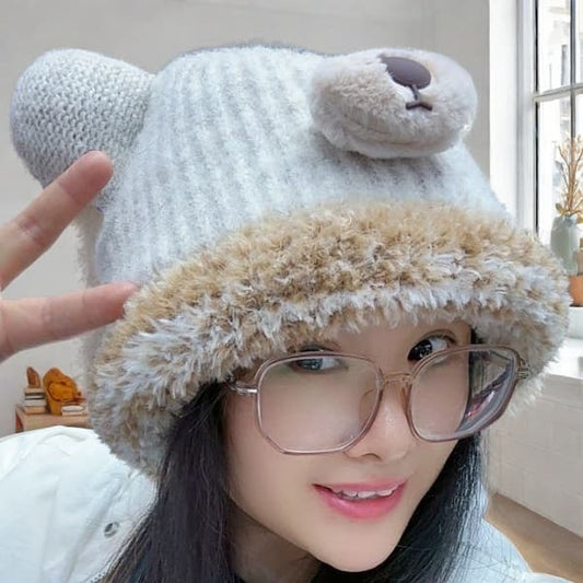 Popular Bear Plush Hat Winter Women's Autumn and Winter Velvet Cold Protection Knitted Woolen Cap Fur Earflaps Warm