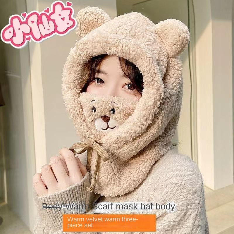 Cute Bear Earflaps Cap Winter Thickened Cycling Thermal and Windproof Winter Autumn and Winter Mask Scarf Scarf Integrated