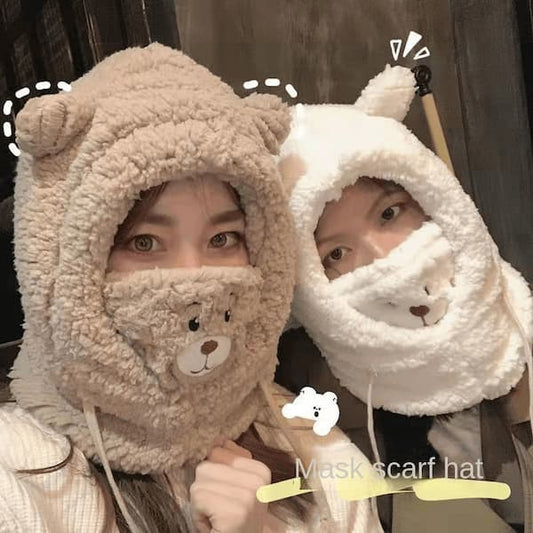 Cute Bear Earflaps Cap Winter Thickened Cycling Thermal and Windproof Winter Autumn and Winter Mask Scarf Scarf Integrated