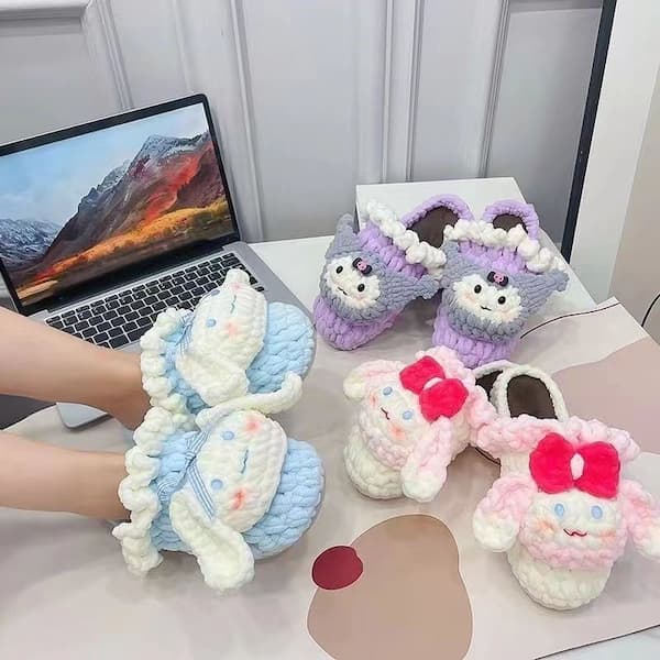 Wool Handmade DIY Woven Crocheted Slippers Cotton Slippers Female Male Winter Internet Celebrity Puff Flower Material Package Cinnamoroll Babycinnamoroll