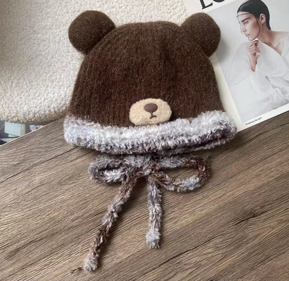 Popular Bear Plush Hat Winter Women's Autumn and Winter Velvet Cold Protection Knitted Woolen Cap Fur Earflaps Warm