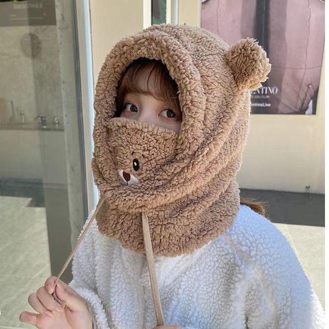 Cute Bear Earflaps Cap Winter Thickened Cycling Thermal and Windproof Winter Autumn and Winter Mask Scarf Scarf Integrated