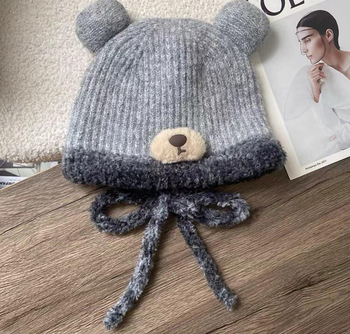 Popular Bear Plush Hat Winter Women's Autumn and Winter Velvet Cold Protection Knitted Woolen Cap Fur Earflaps Warm